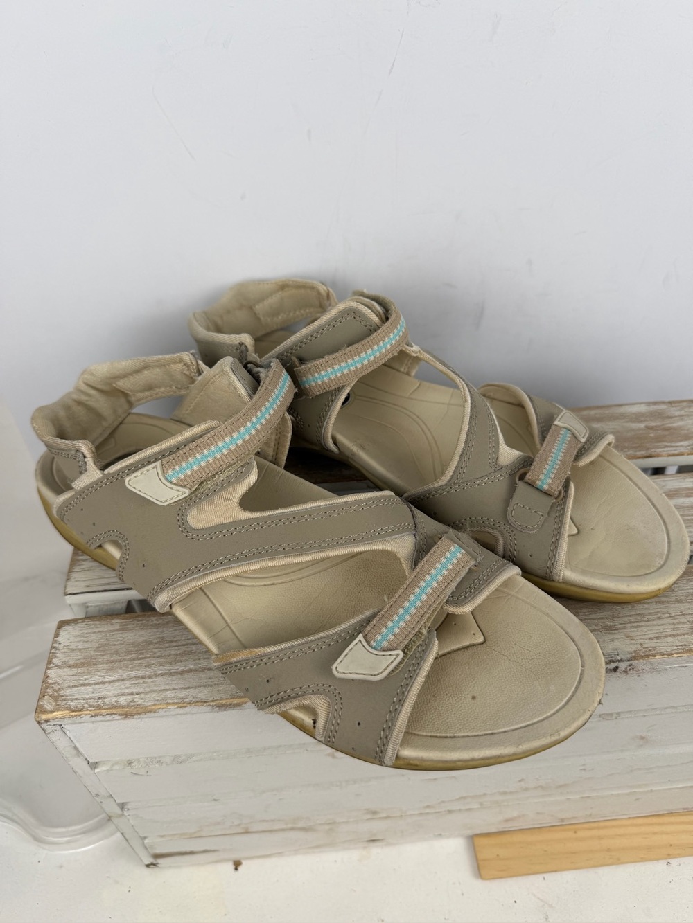 Dr. Scholl's Naveen III leather sandals grey & teal adjustable straps Sz 10M